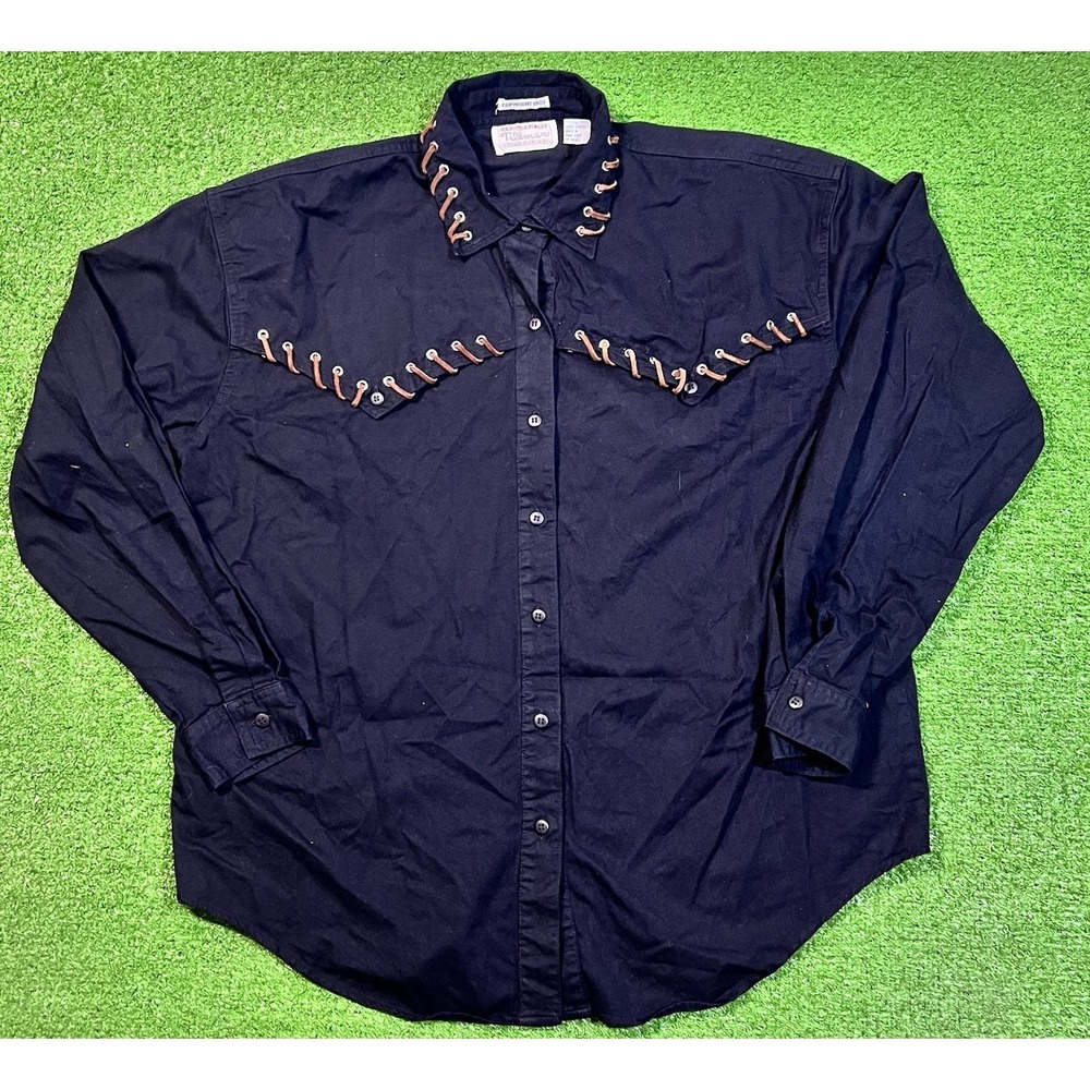 Vintage Western Shirt Women L Leather Lace Gromettes Vaquero Rodeo Button Up 90s